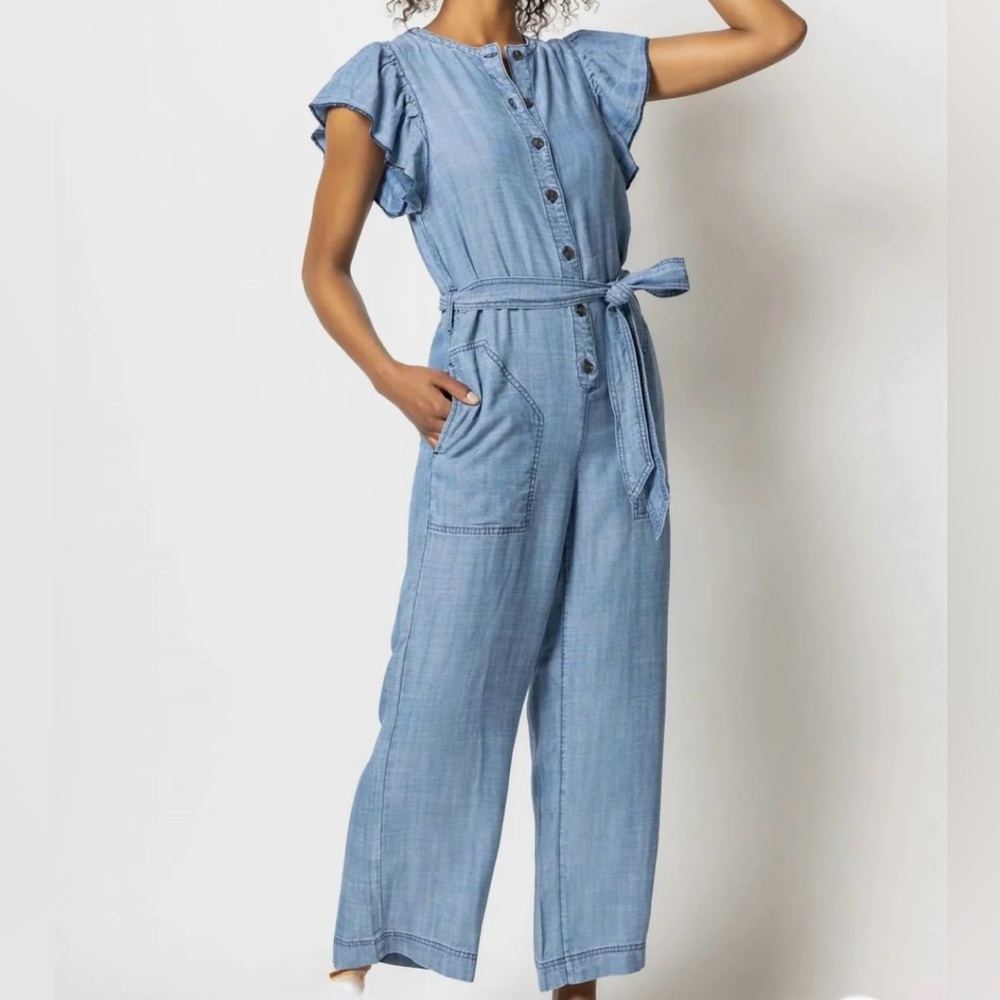 Lilla P Chambray Denim Flutter Sleeve Wide Leg Jumpsuit Romantic Feminine- XS